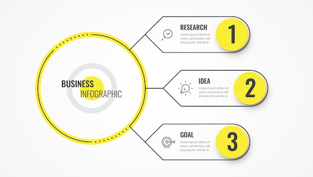 Modelo de design de linha fina de infográfico com setas e 3 opções ou etapas.