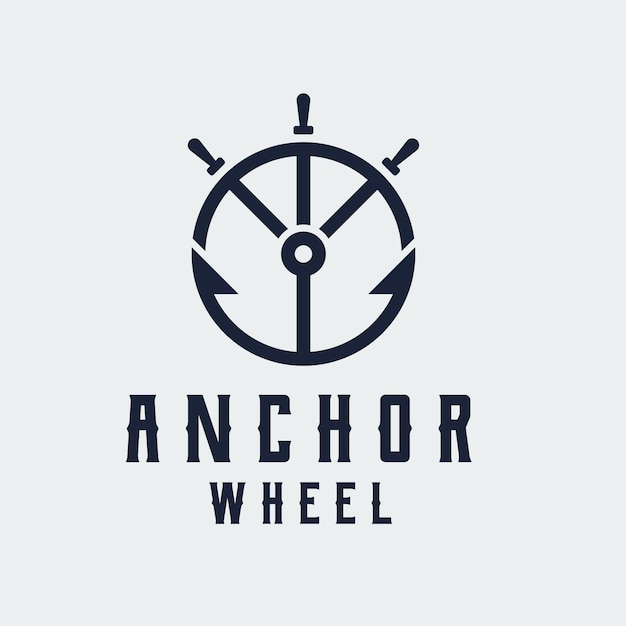 Modelo de design de logotipo de arte de linha de roda de âncora e navio