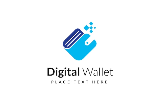 Modelo de design de logotipo de carteira digital com efeito de pixel. Conceito de logotipo de cartão de crédito, carteira criptográfica, pagamento online rápido.