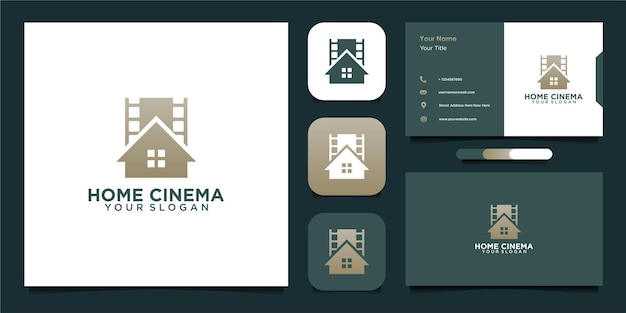 Modelo de design de logotipo de cinema em casa com rolo de filme e cartão de visita