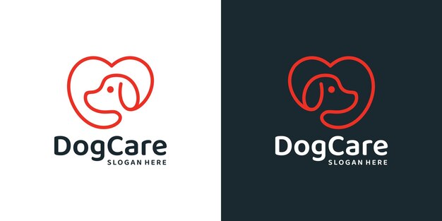 Vetor modelo de design de logotipo de cuidados com animais de estimação logotipo de coração com cão com vetor de design gráfico de estilo de linha