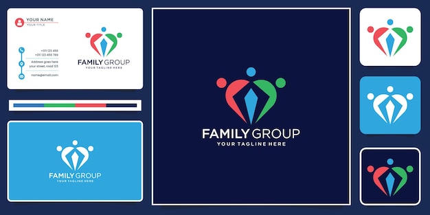 Modelo de design de logotipo de família comunidade de grupo de logotipo de pessoas coloridas e social com cartão de visita