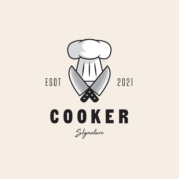 Modelo de design de logotipo de fogão. design de logotipo retrô simples de chef e restaurante com boné / chapéu de chef