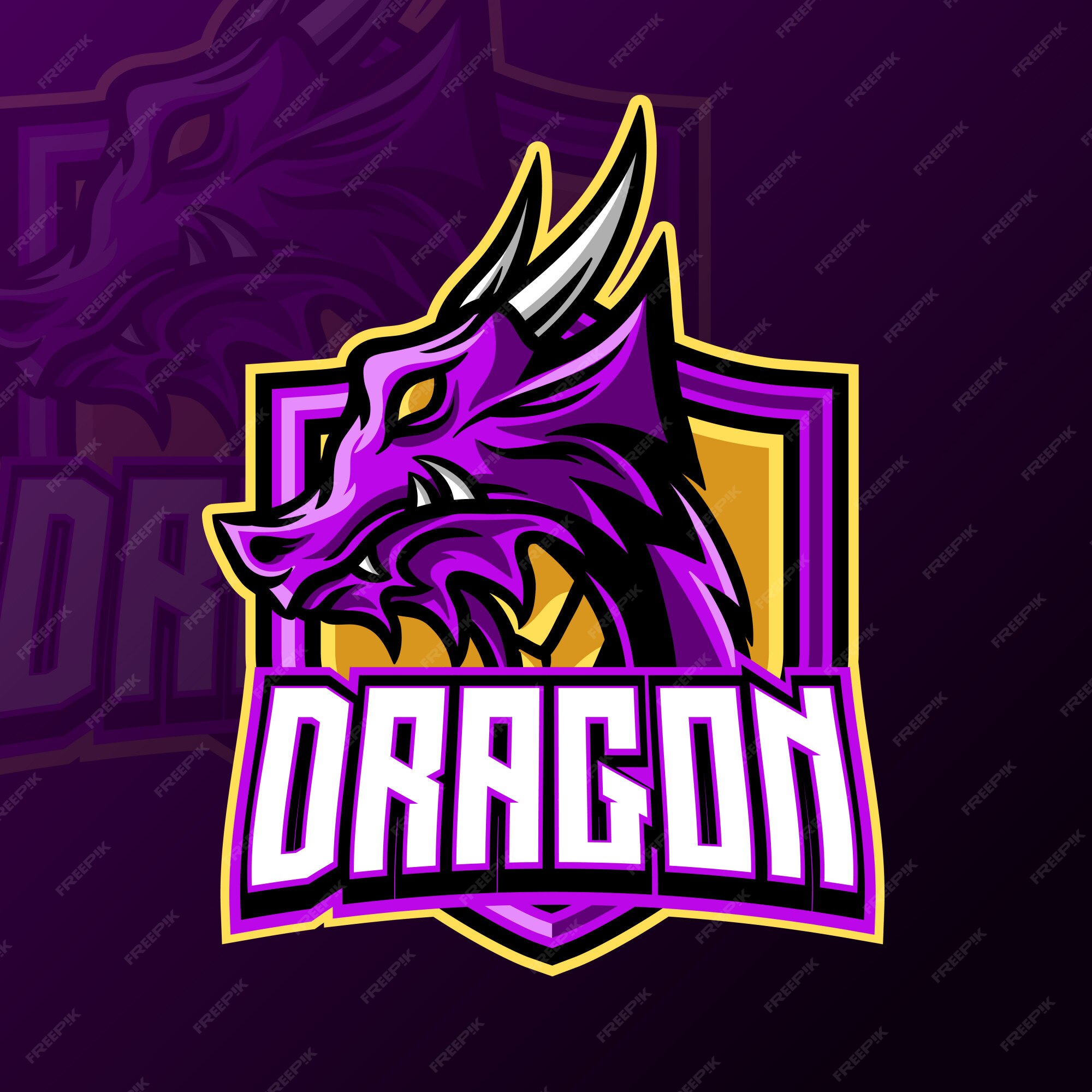 Ilustração de logotipo de jogo de esporte mascote dragão amarelo roxo  personagem modelo, Vetor Premium