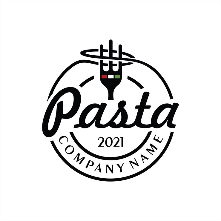 modelo de design de logotipo de macarrão vetor Logo linear redondo de espaguete com garfo em fundo branco