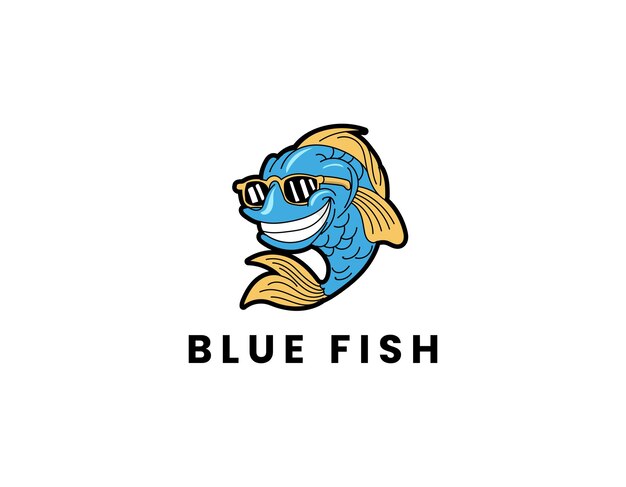 Vetor modelo de design de logotipo de personagem de desenho animado blue fish