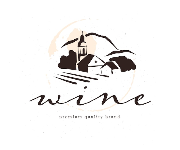 Modelo de design de logotipo de rótulo de vinho vetorial com ilustração de vinhedo de aldeia de paisagem desenhada à mão e amostra de texto isolada no fundo branco. para marca de vinha familiar, menu de restaurante, bar etc.