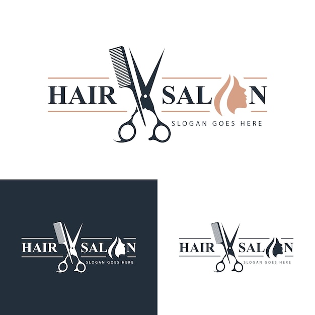 Vetor modelo de design de logotipo de salão de ícone de tesoura e pente penteado corte de cabelo bonito com tesoura e wo