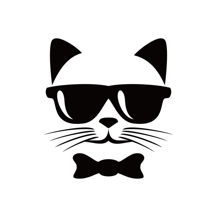 Vetor modelo de design de logotipo de silhueta de cabeça de gato. gato com óculos e ícone de fita, sinal e símbolo.