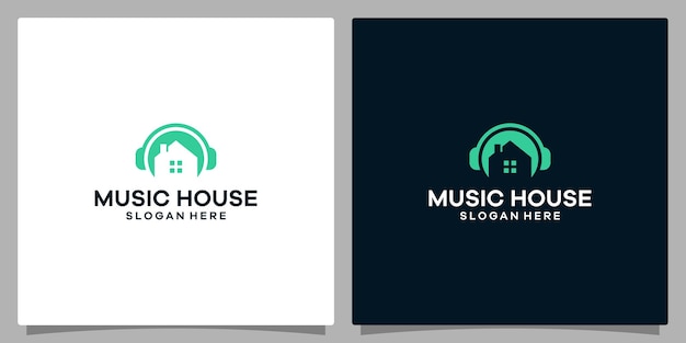 Modelo de design de logotipo fone de ouvido de logotipo de música com construção de casa vetor premium