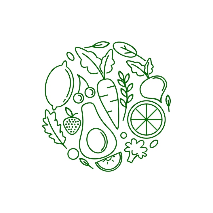 Vetor modelo de design de logotipo vetorial com ícones de frutas e vegetais em estilo linear moderno
