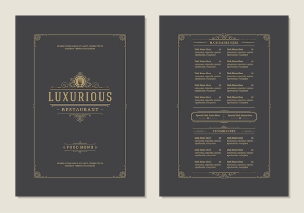 Modelo de design de menu com capa e brochura de vetor de logotipo vintage de restaurante