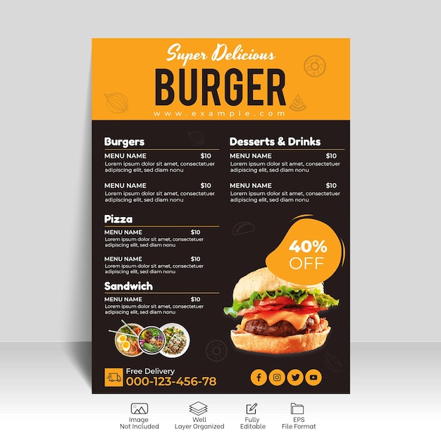 Modelo de design de menu de restaurante de hambúrgueres