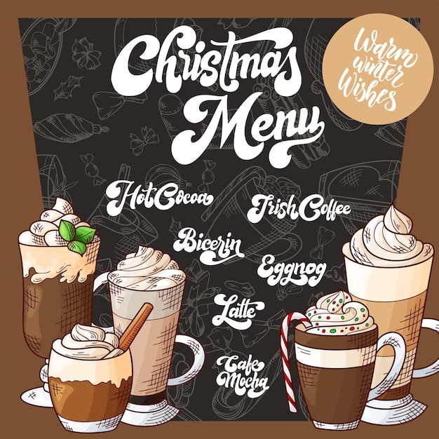 Modelo de design de natal de menu de bebidas quentes desenhadas à mão com estilo de desenho de inverno de brushlettering vetor