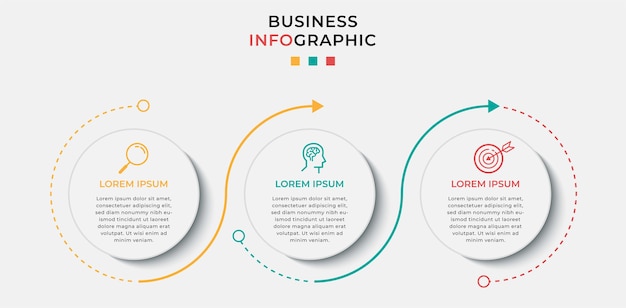 Modelo de design de negócios infográfico com ícones e 3 três opções ou etapas.