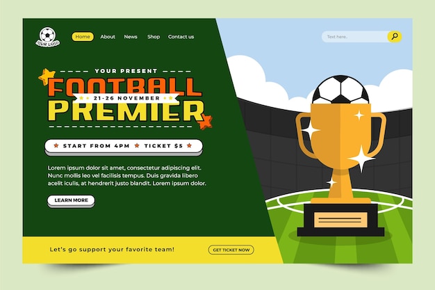Vetor modelo de design de página de destino de evento esportivo de torneio de futebol fácil de personalizar design simples e elegante