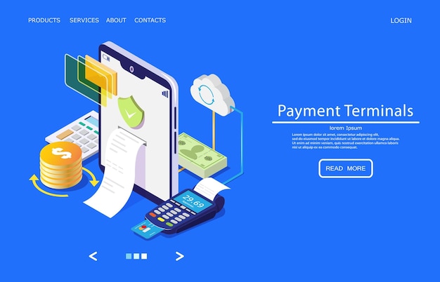 Modelo de design de página de destino do site de vetor de terminais de pagamento