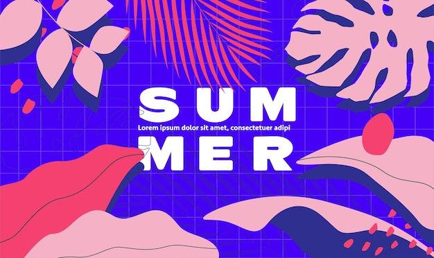 Modelo de design de plano de fundo para horário de verão com piscina xadrez azul e folhas tropicais rosa