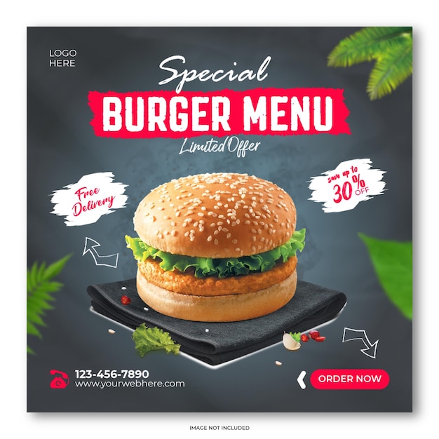 Vetor modelo de design de post de menu especial de hambúrguer delicioso e de mídia social