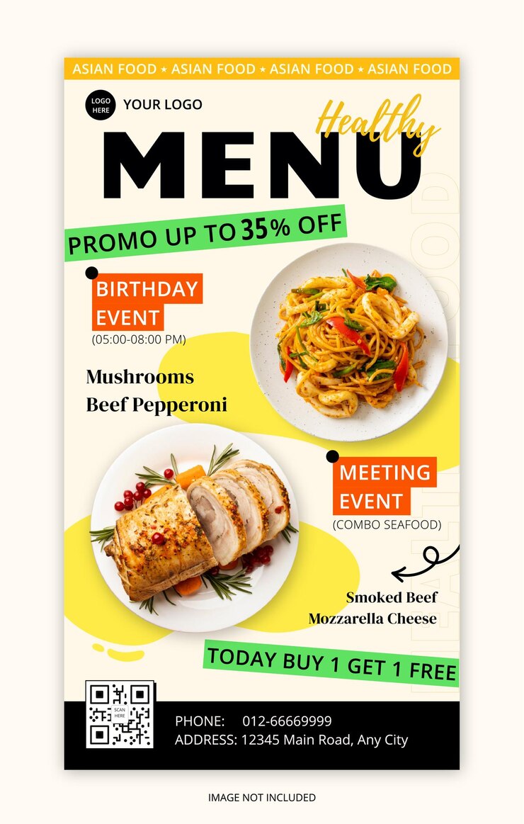 Vetor modelo de design de postagem de banner de menu de comida asiática no instagram