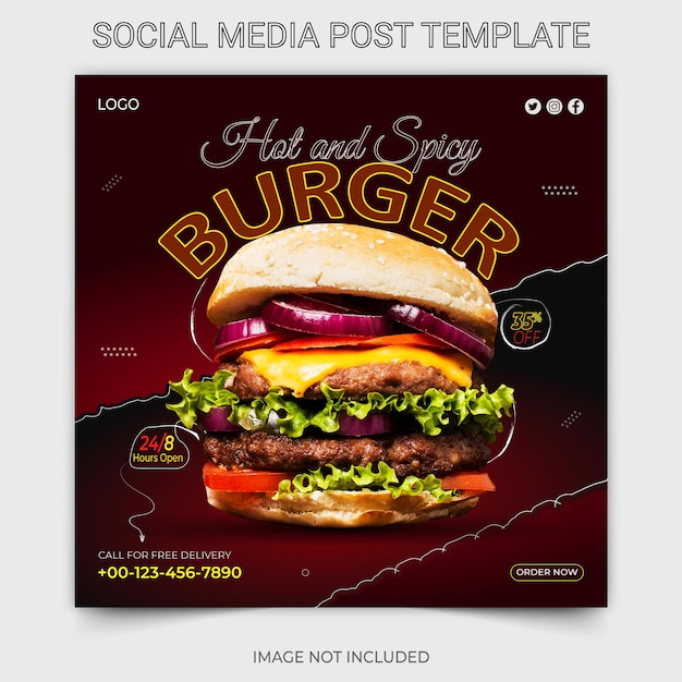 Modelo de design de postagem de instagram de mídia social promocional de comida saudável de hambúrguer picante