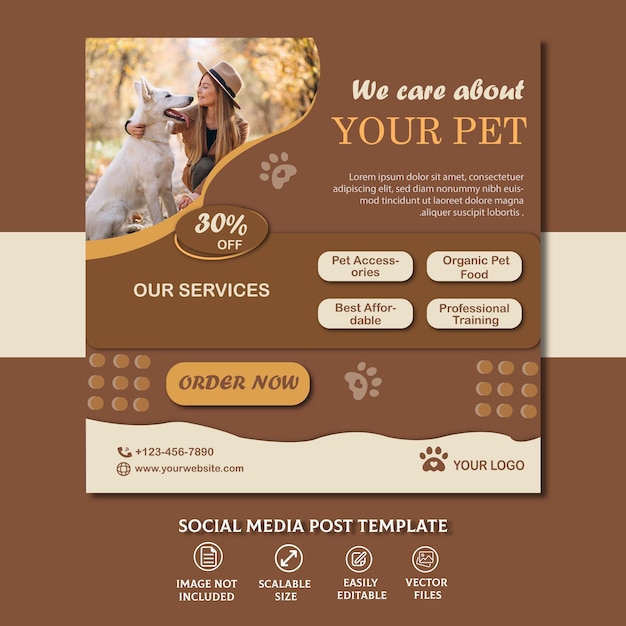 Vetor modelo de design de postagem de mídia social para cuidar de animais de estimação