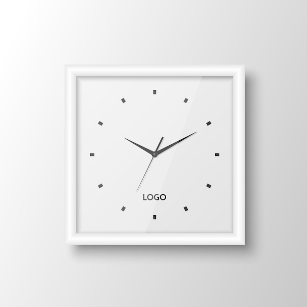 Vetor modelo de design de relógio de escritório de parede branca quadrada realista 3d isolado no branco