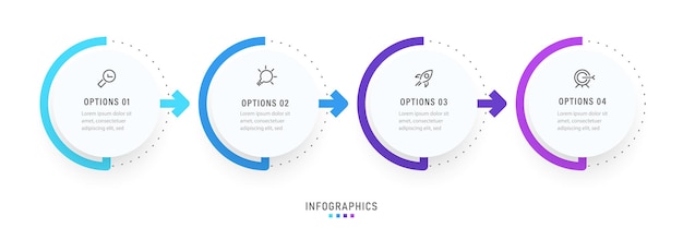 Modelo de design de rótulo de infográfico vetorial com ícones e 4 opções ou etapas pode ser usado para processo