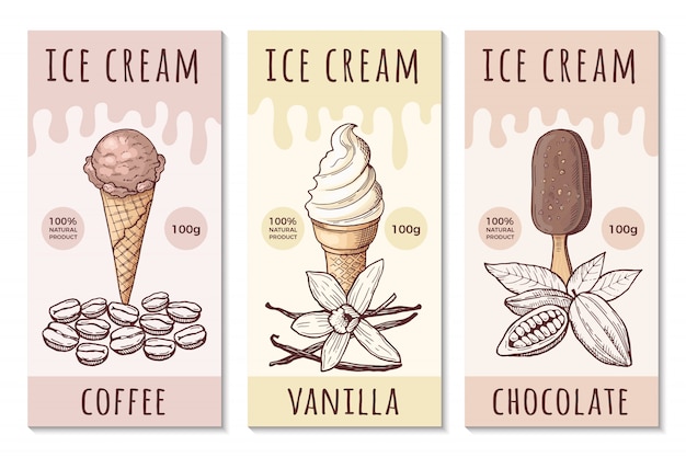 Vetor modelo de design de rótulos de sorvete com ilustrações de mão desenhada