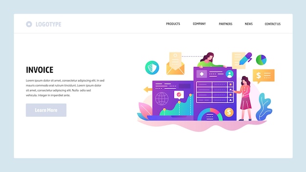 Modelo de design de site vetorial Documentos comerciais e pagamento de fatura de gerenciamento financeiro Conceitos de página de destino para site e desenvolvimento móvel Ilustração plana moderna