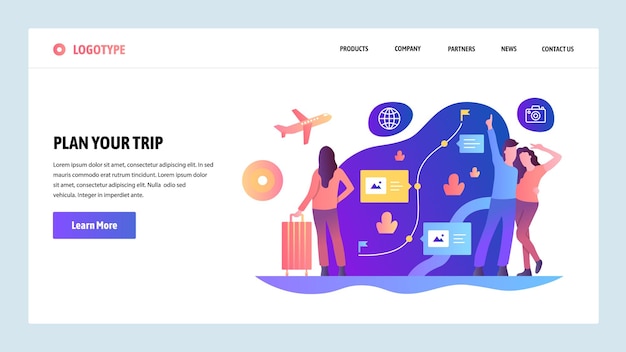 Modelo de design de site vetorial Planeje sua viagem e vá viajar Planejamento e reserva de rotas Conceitos de página de destino para desenvolvimento de site e móvel Ilustração plana moderna