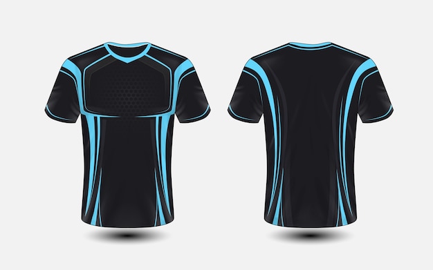 Modelo de design de t-shirt de e-sport de layout preto e azul