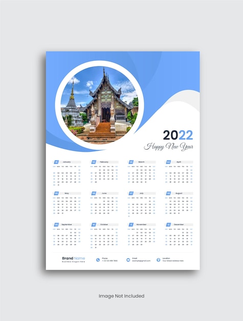Modelo de design do calendário de parede 2022 ou calendário de parede de uma página 2022