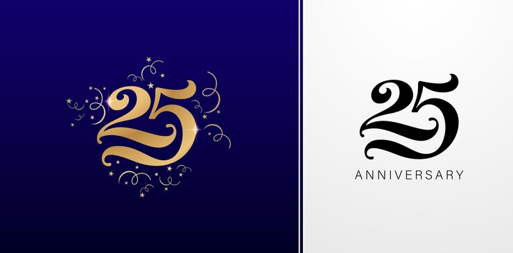 Vetor modelo de design do logotipo do 25o aniversário com elementos dourados e pretos em fundos isolados
