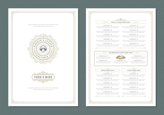 Modelo de design do menu com capa e restaurante brochura logotipo vintage.