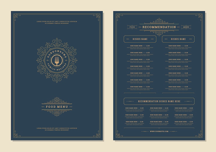 Vetor modelo de design do menu com capa e restaurante brochura logotipo vintage.