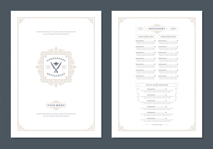 Vetor modelo de design do menu com capa e restaurante vintage logo vector brochura.