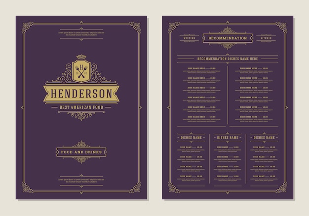 Modelo de design do menu com capa e restaurante vintage logo vector brochura.