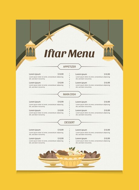 Vetor modelo de design do menu do iftar de ramadã