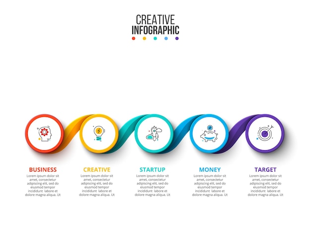 Modelo de design do vetor infográfico. conceito de negócio com 5 opções, partes, etapas ou processos. pode ser usado para layout de fluxo de trabalho, diagrama, opções de números, design de web. visualização de dados.