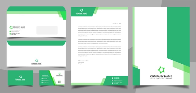 Modelo de design estacionário de negócios corporativos verde capa de envelope de cartão de visita timbrado