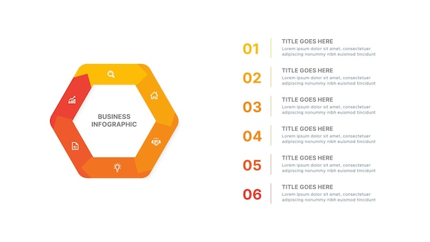 Modelo de design infográfico de seta de ciclo hexagonal com seis etapas