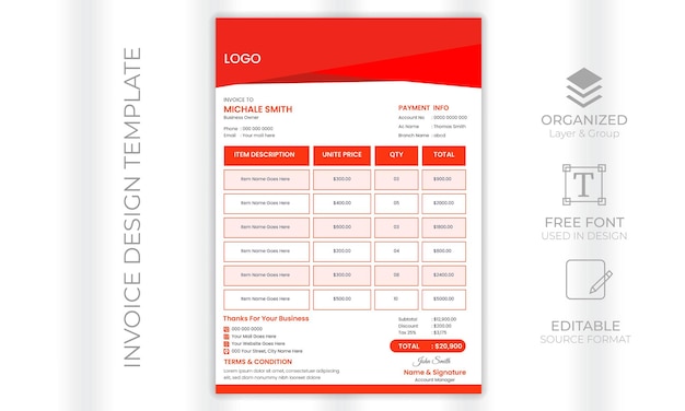 Modelo de design mínimo de fatura comercial corporativa