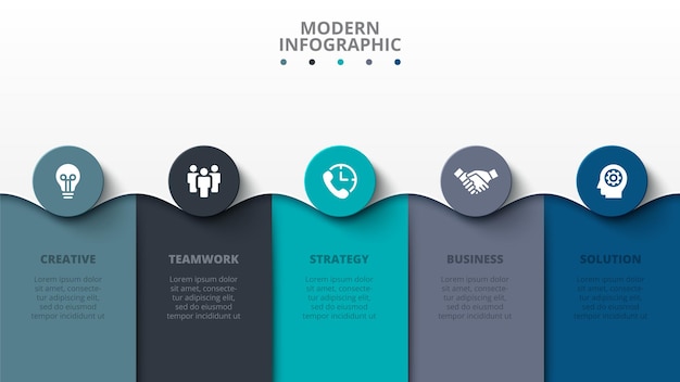 Modelo de design moderno infográfico. diagramas abstratos com 5 etapas, opções, partes ou processos.