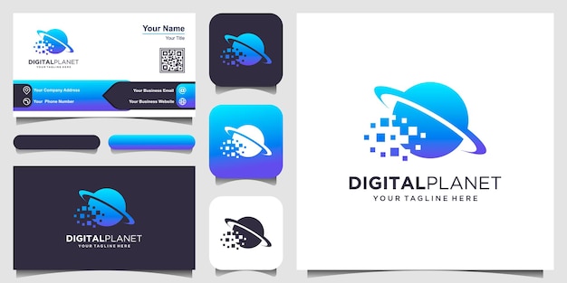 Modelo de designs de logotipo de planeta digital. pixel combinado com o signo do planeta.