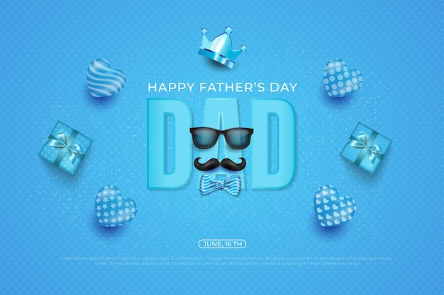 Modelo de dia do pai feliz com gravata, coroa, óculos e coração em azul.