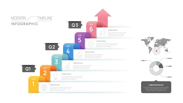 Modelo de diagrama de linha do tempo infográfico para negócios roteiro moderno de 6 etapas com tópicos de círculo para apresentações de fluxogramas de infográficos vetoriais