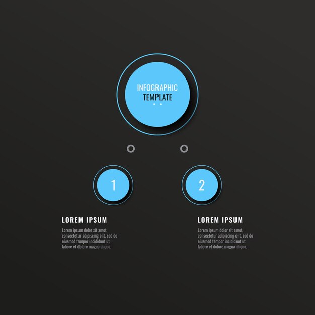 Vetor modelo de diagrama infográfico com dois elementos redondos azuis claros em um fundo preto