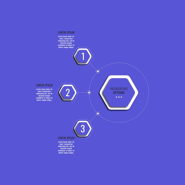 Modelo de diagrama infográfico vertical violeta com três elementos hexagonais e caixas de texto