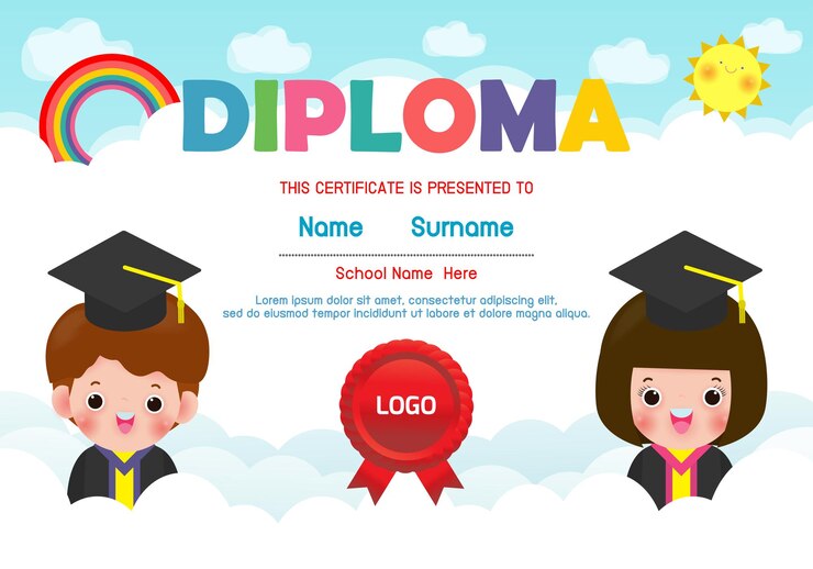 Vetor modelo de diploma para crianças certificados de jardim de infância e ensino fundamental